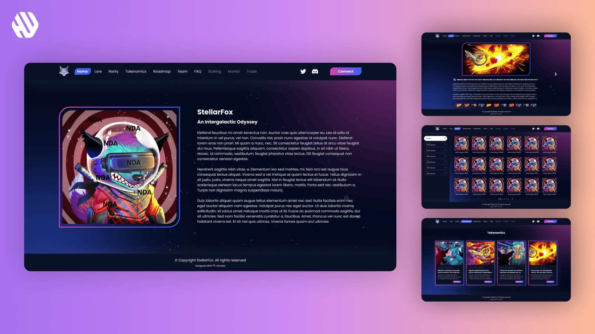 Web design layout for StellarFox brand featuring colorful graphics, cards, and space-themed illustrations.